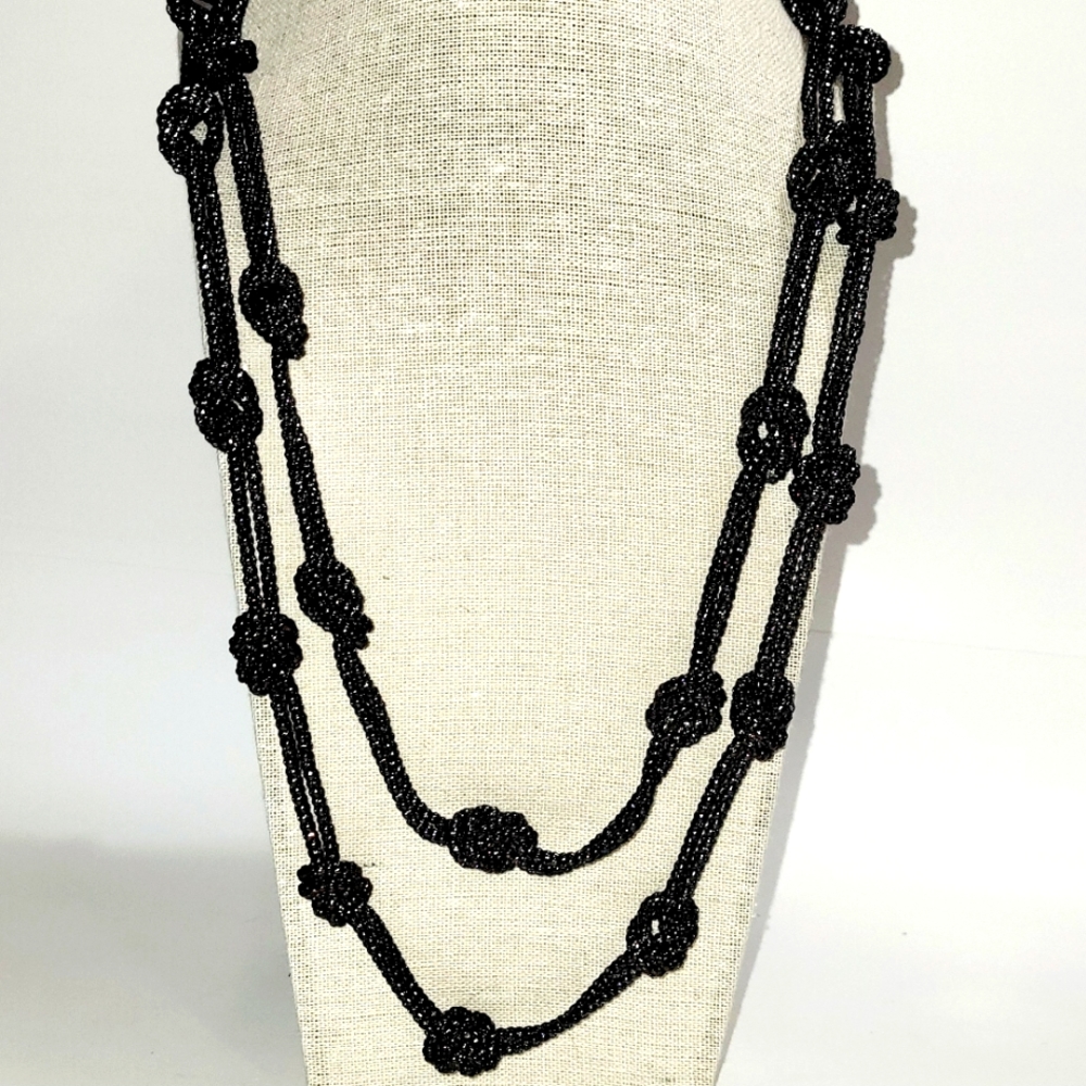 Black Knotted Style Chain Necklace, Double Strand